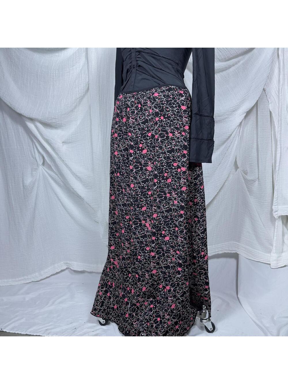Y2k 2000s Whimsygoth Preppy Coquette Boho Black & Pink Floral Maxi Skirt (M) - Picture 2 of 5